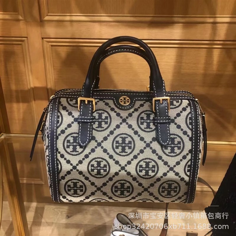 复古TB老花帆布织物酒桶包时尚潮流手提保龄球包休闲波士顿棒球包