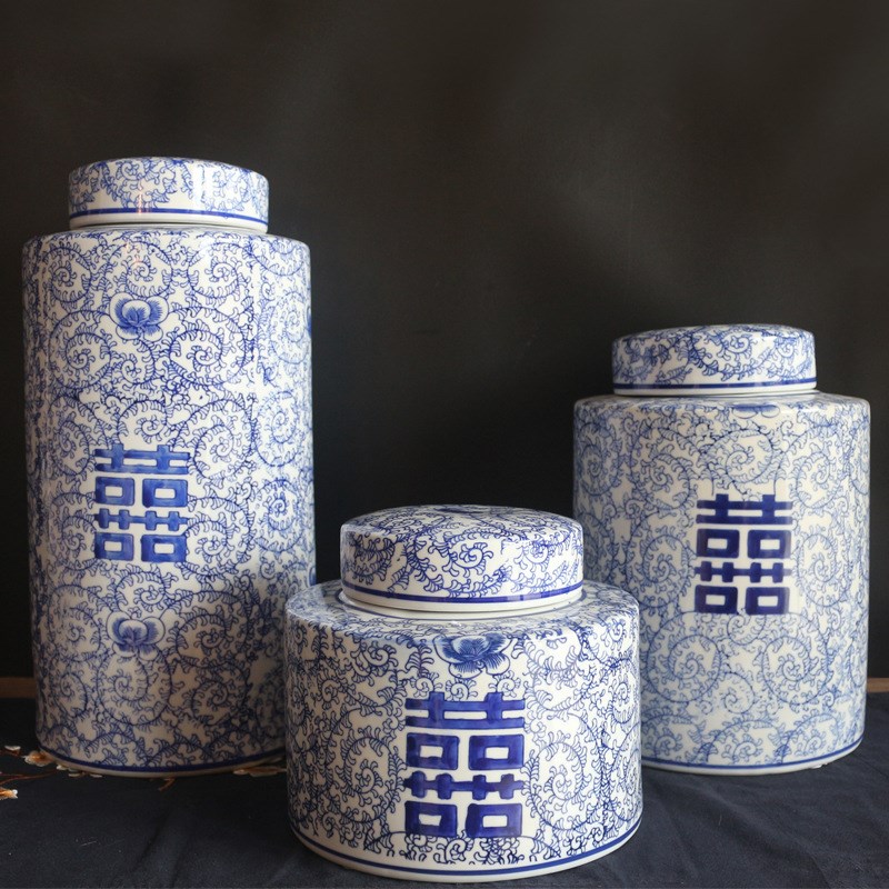 新中式储物陶瓷青花瓷摆件客厅玄关软装罐花瓶储物样品房喜字圆罐