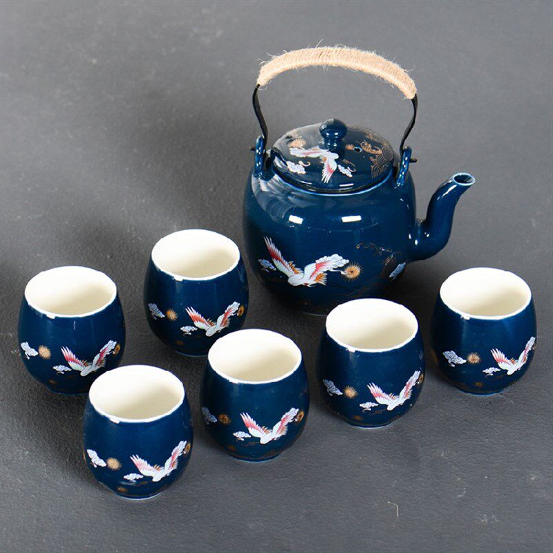 青霁蓝功夫茶具装一壶六杯提梁壶泡茶壶杯带盘