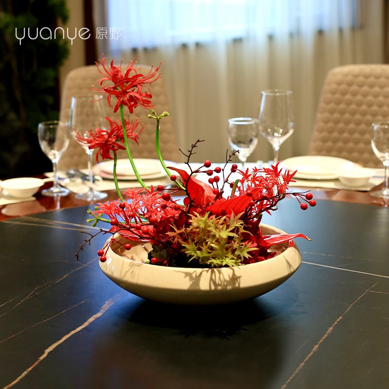 酒店大圆桌转盘中间摆设件餐桌花茶室客厅摆花装饰仿真花创意摆台