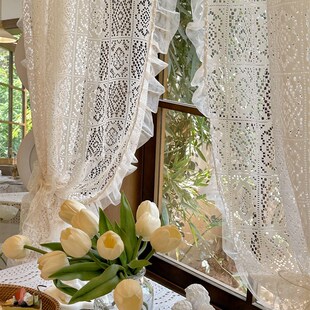 法式 复古镂空棉线蕾丝仙女风纱新米色荷叶边半帘隔断帘