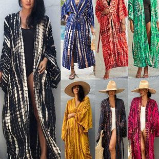 2023新款 防晒开始女度假宽松比基尼罩衣泳衣外搭 人棉扎染沙滩罩衫