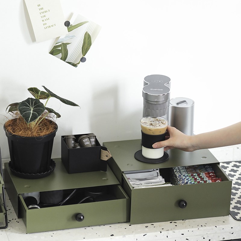 墨绿色可b堆叠抽屉 简约多功能桌面收纳盒 办公室增高架金属杂物