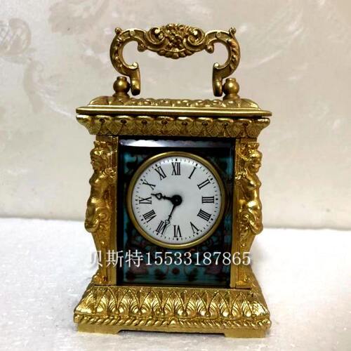 小皮套金色纯铜机械游丝摆轮马车钟把玩仿古董珐琅盘小钟表