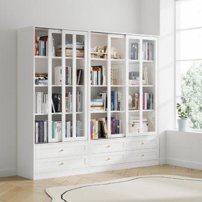 可比熊实木书柜推拉门客厅组合柜落地储物柜家用书架带玻璃门书橱