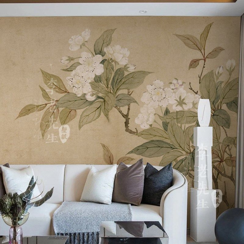 富贵工笔画中式背景布影楼复古古装摄影酒店包间壁纸定制墙纸墙布