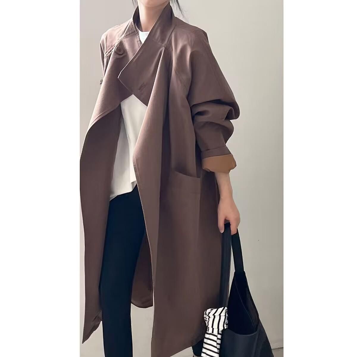 复古翻领一粒扣中长款大衣女2025春秋新款英伦风气质宽松风衣外套