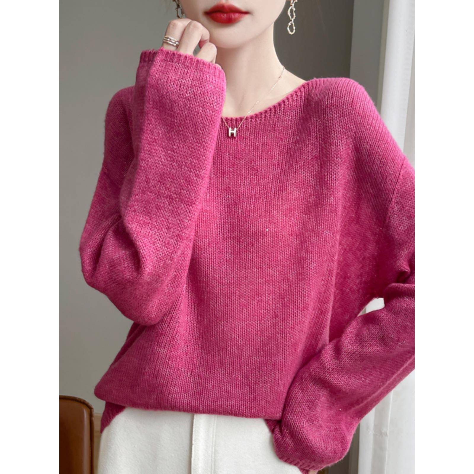 2024秋冬新款桑蚕丝加山羊绒衫女一字领毛衣女慵懒纯色针织打底衫