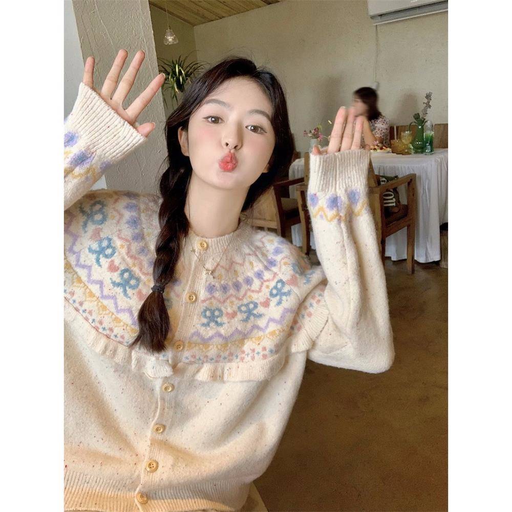 范雯雯 鲜奶曲奇 费尔岛针织开 衫女夏季甜美可爱日系宽松毛衣外