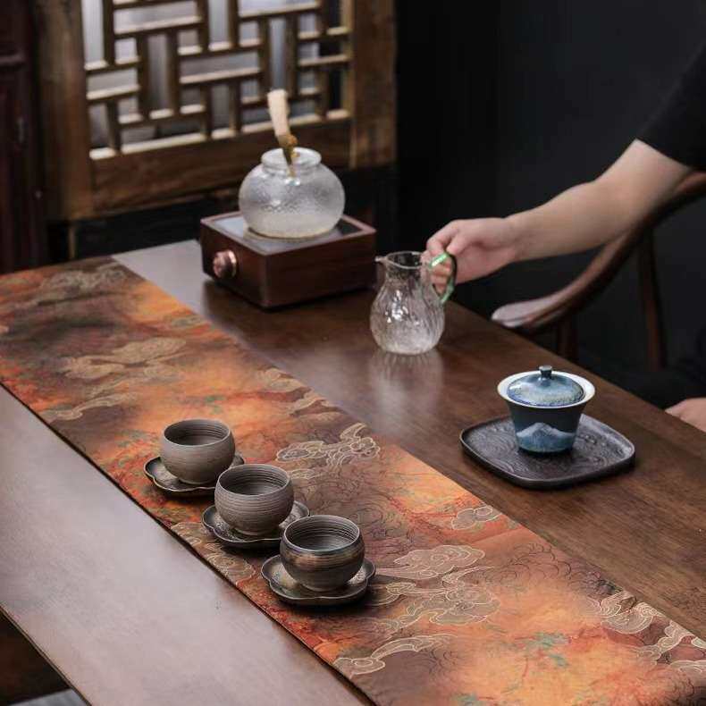 云纱茶席新中式禅意双面桌旗布复古高档防水干泡盘布垫茶道配件