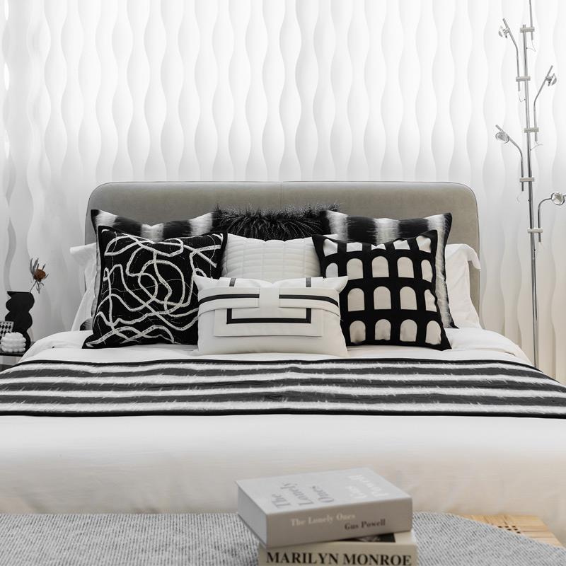 轻奢样板间床旗抱枕组合酒店别墅高档床尾巾沙发靠枕黑灰色条纹