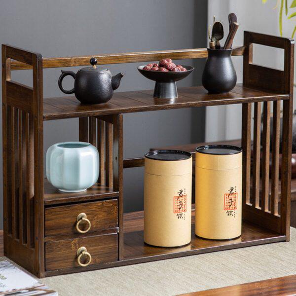 茶室置物架实木桌面多层博古架小型中式茶具收纳架放茶叶的架子