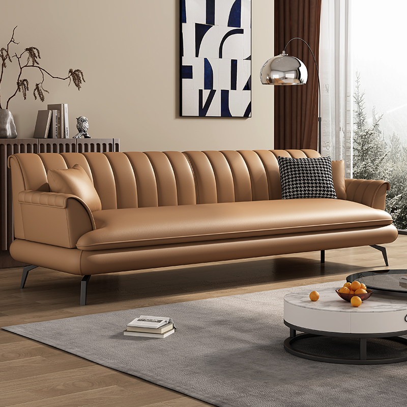 意式极简皮沙发客厅2024新款办公室现代简约O复古棕色皮艺沙发直