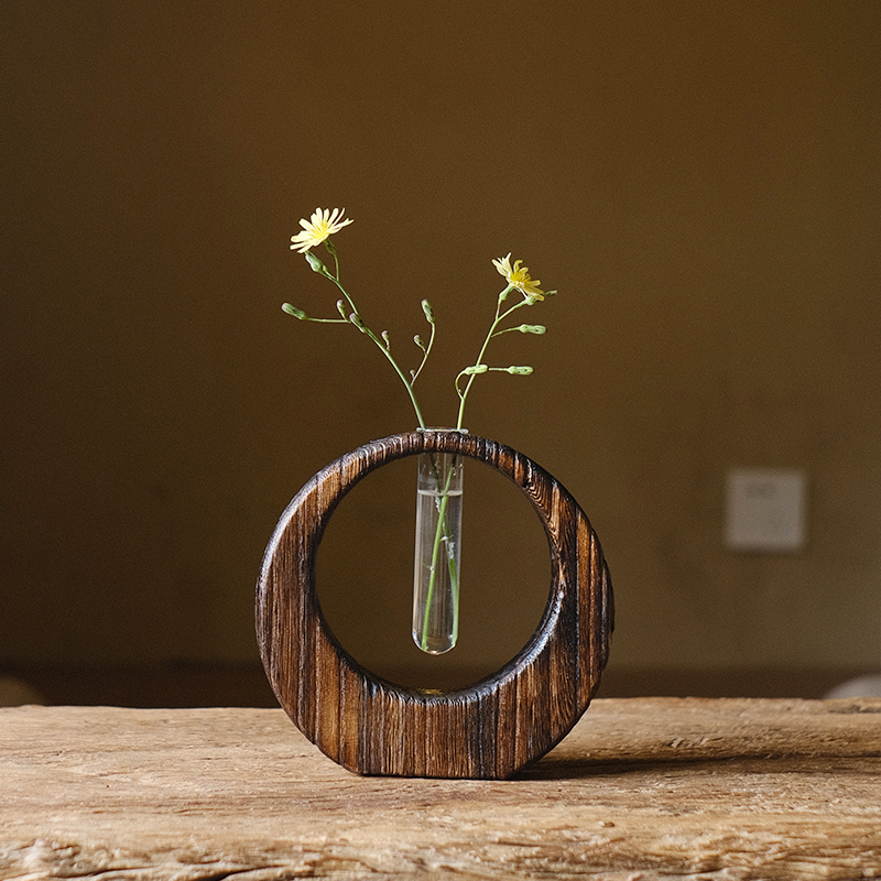 日式创意复古g实木小花瓶迷你花器禅意茶道桌面插花干花水培摆件
