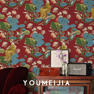 复古莲花墙纸电视背景墙壁纸中式高端墙布中国风酒店民宿定制壁画