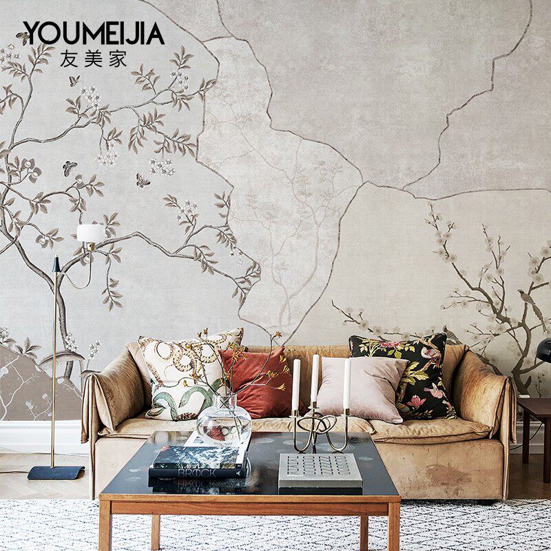 新中式花鸟墙纸卧室老人房定制壁画墙布无纺布客厅电视背景墙壁纸