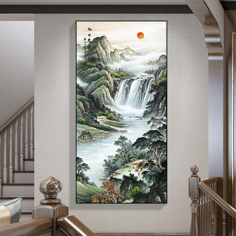 流水生财入户玄关装饰画竖版鸿运当头走廊过道壁画新中式客厅挂画
