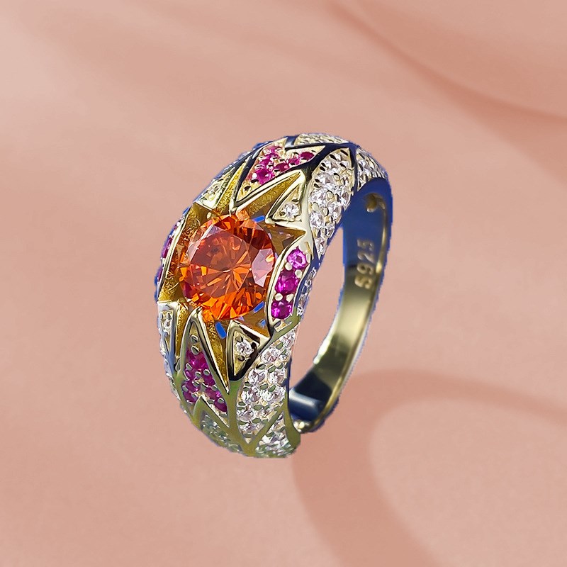 珠宝 直播款S92q5银6.5mm圆形芬达橙戒指一克拉豪华百搭女款