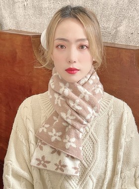 韩版inas毛线针织小花围巾女秋冬季加厚保暖围脖学生潮百搭厂家