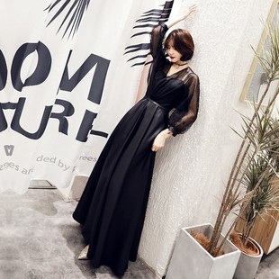 大气优雅长袖黑色晚礼服女生日聚会主持人礼服显T瘦春宴会长款礼