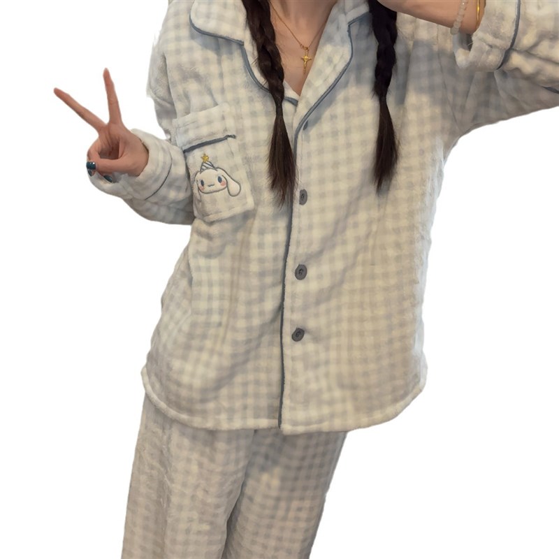 ins日系格子i睡衣女秋冬季法兰绒加厚保暖卡通家居服可外穿两件套