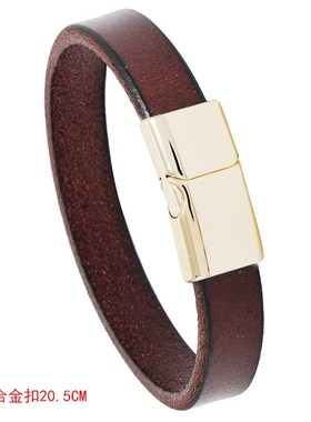 棕色文艺男女休闲多色合金磁铁扣光面森系M简约牛皮手链复古手环