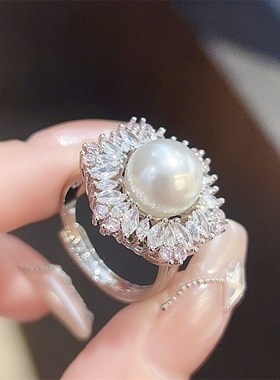 简约精致珍珠花朵j戒指女开口粉色锆石优雅气质百搭甜美礼物款