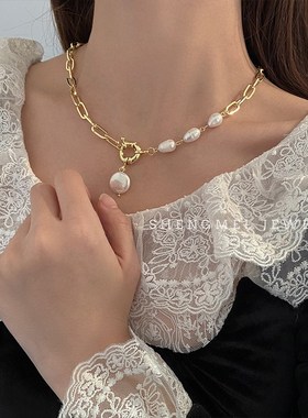 复古巴洛克珍珠项链女金属吊坠拼接锁骨链潮轻奢小众设.计感毛衣