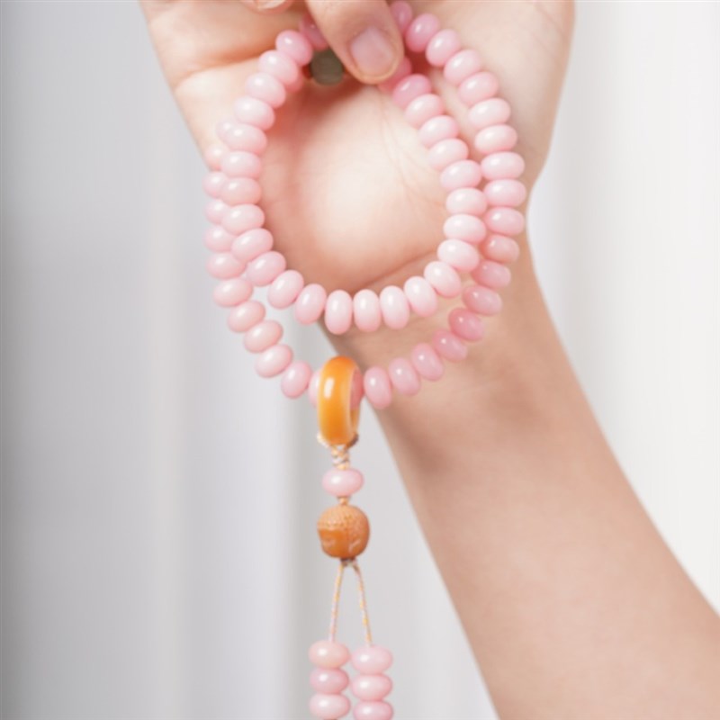 奶油粉菩提根手串精致算盘珠双圈手持绕指L柔文玩佛珠手链工厂
