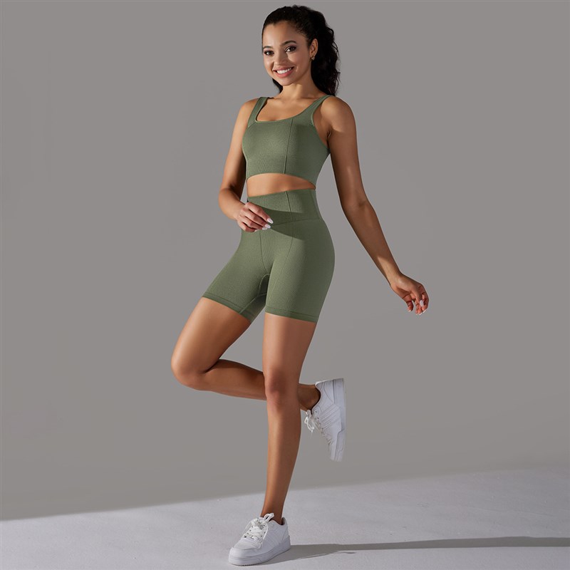 欧美跨境无缝纯色点点条纹运动短裤套装女高弹收腹塑Y身跑步健身