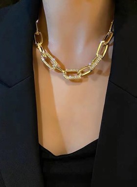 欧美夸张大粗链条金属装饰项链女潮INS短款锁Q骨链闪钻拼接毛衣链