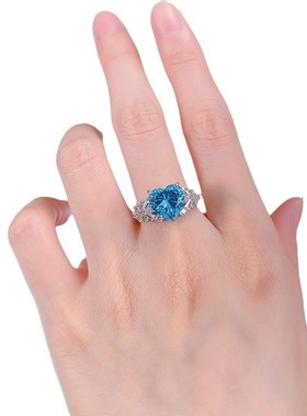 珠宝2024新款欧美热卖高碳A钻戒指10*10冰花切海蓝钻订婚戒女