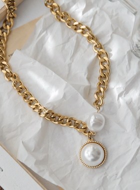夸张金色粗链大珍珠项链  欧美潮人E网红时尚设计感脖子饰品锁骨