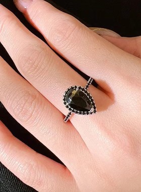 珠宝 欧美新m款925银7*11梨形水滴黑锆石戒指复古简约戒指
