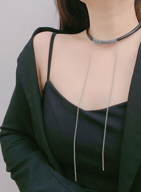 小众原创设计长款流苏皮质u项链女颈链锁骨链潮酷个性夸张冷淡暗