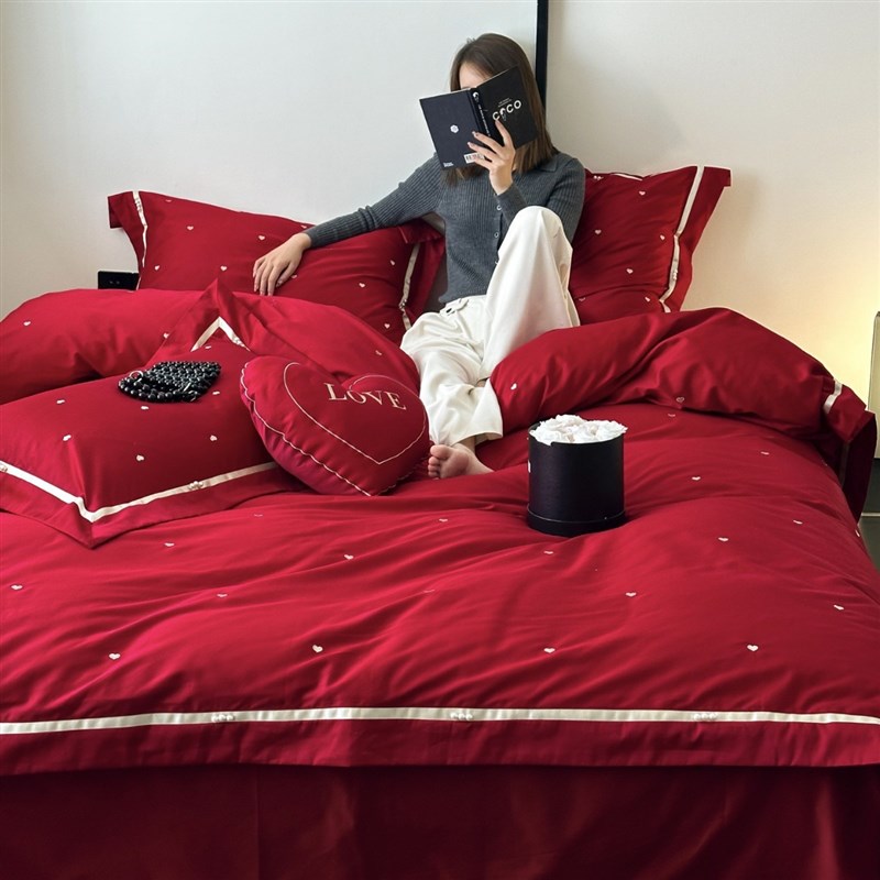 轻奢少女心法式浪漫高端提花刺B绣全棉婚庆四件套被套床单床品