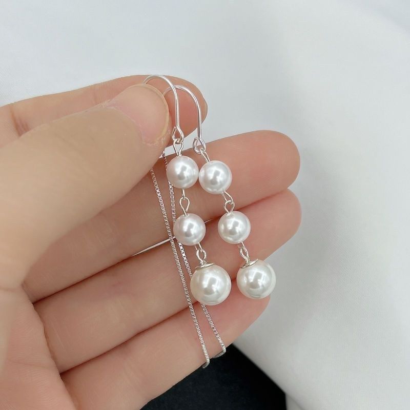 新款S925银防过敏小众百搭耳饰耳环耳I钉贝珠珍珠流苏长款气质耳