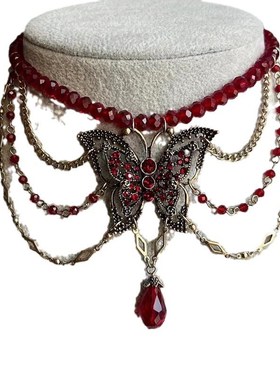 甜酷气质红色水晶串珠蝴蝶流苏项链女轻奢复古夸张U个性小众锁骨