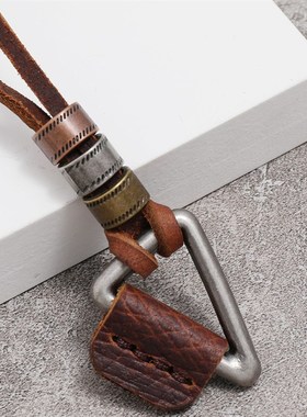 棕色简约欧美风潮男牛皮项链y个性古风嘻哈吊坠皮绳项链男士饰品