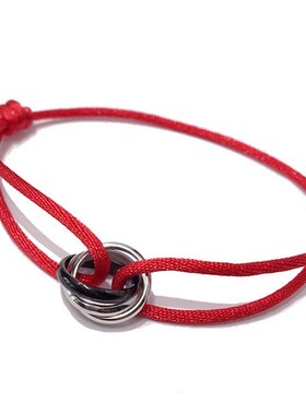 【02】本命年转运红色手绳跨境钛D钢新品银间黑三环编织可伸缩手