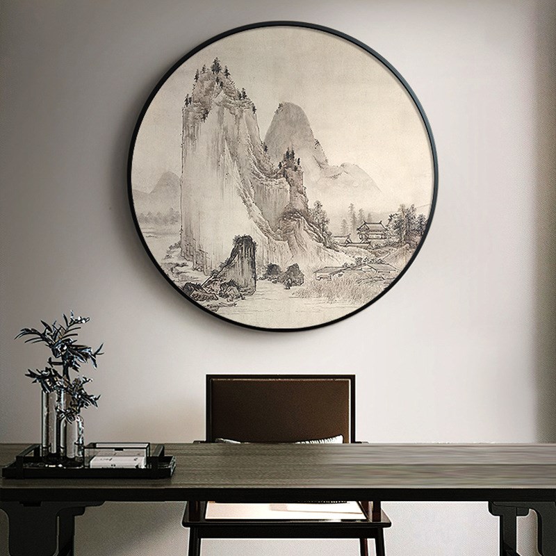 圆形山水装饰画新中式餐厅风景挂B画饭店茶室玄关走廊水墨画古代图片