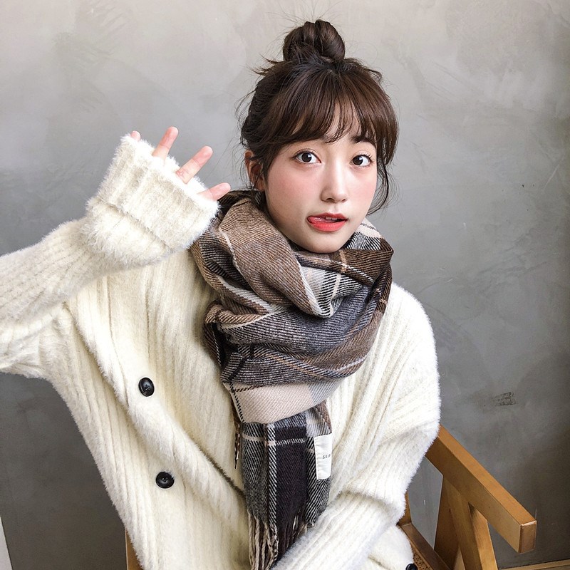 新款仿羊绒围巾n女士披肩学生秋冬季加厚格子围巾日系小清新