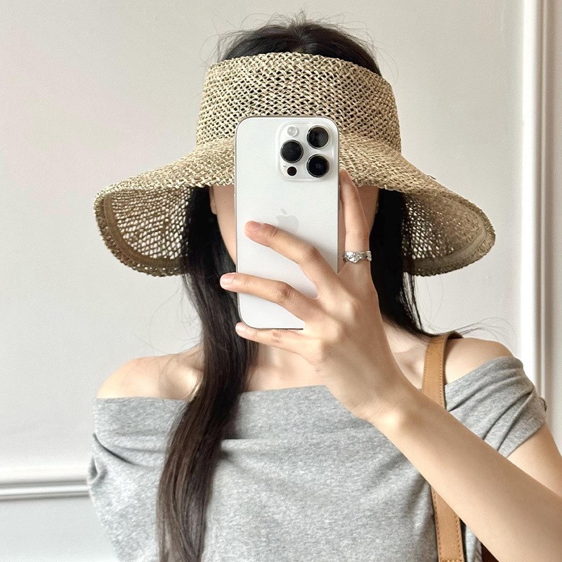 手工编织咸草镂空l草编空顶帽女夏季度假草帽可折叠大帽檐防晒帽
