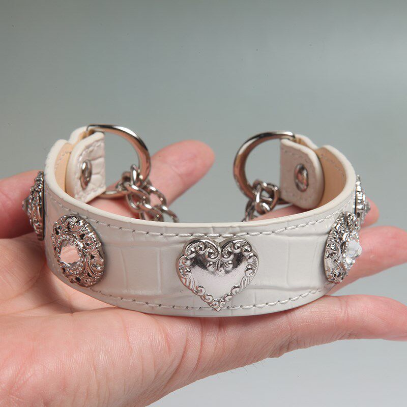 新品-宽版p链狗项圈白色鳄鱼纹牛皮比熊西高地雪纳瑞犬脖套牵引绳