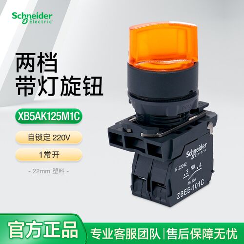 施耐德带LED指示灯旋钮开关XB5AK125M5C 两档位1开1闭黄色AC220V