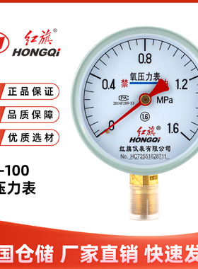 红旗仪表YO-100氧气压力表禁油1.6级0-1mpa径向气体正品厂家直销