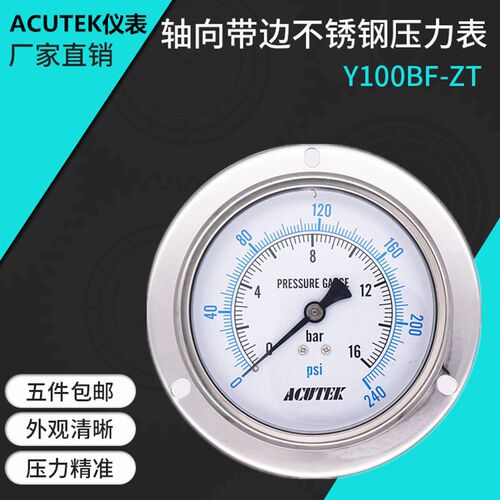ACUTEK轴向带边304不锈钢压力表Y100BF-ZT 16bar G1/2 蒸汽表