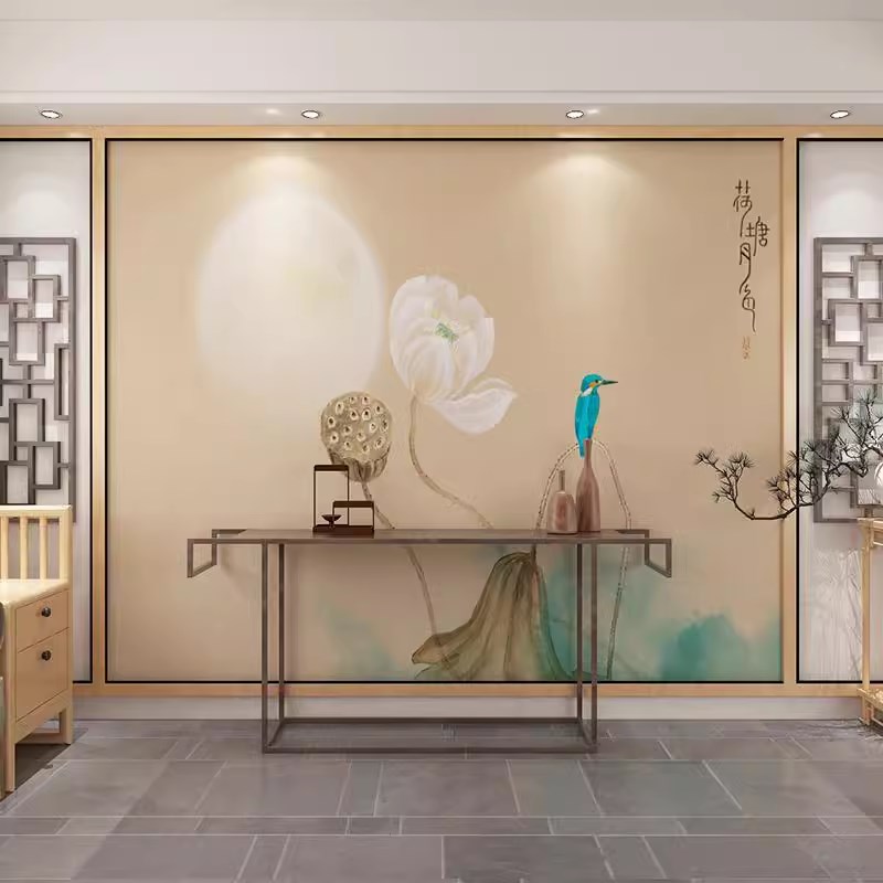 现代中式水墨荷花墙布壁布电视背景壁纸卧室客厅墙纸荷塘月色壁画
