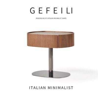 意式极简实木床头柜设计师款中古风胡桃色马鞍皮创意高端床边柜