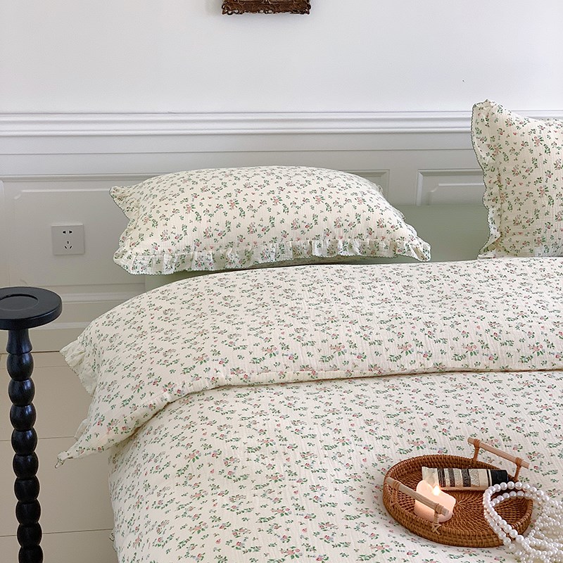 A类田园风全棉双层皱o皱纱四件套法式小碎花床上用品1.8m套件